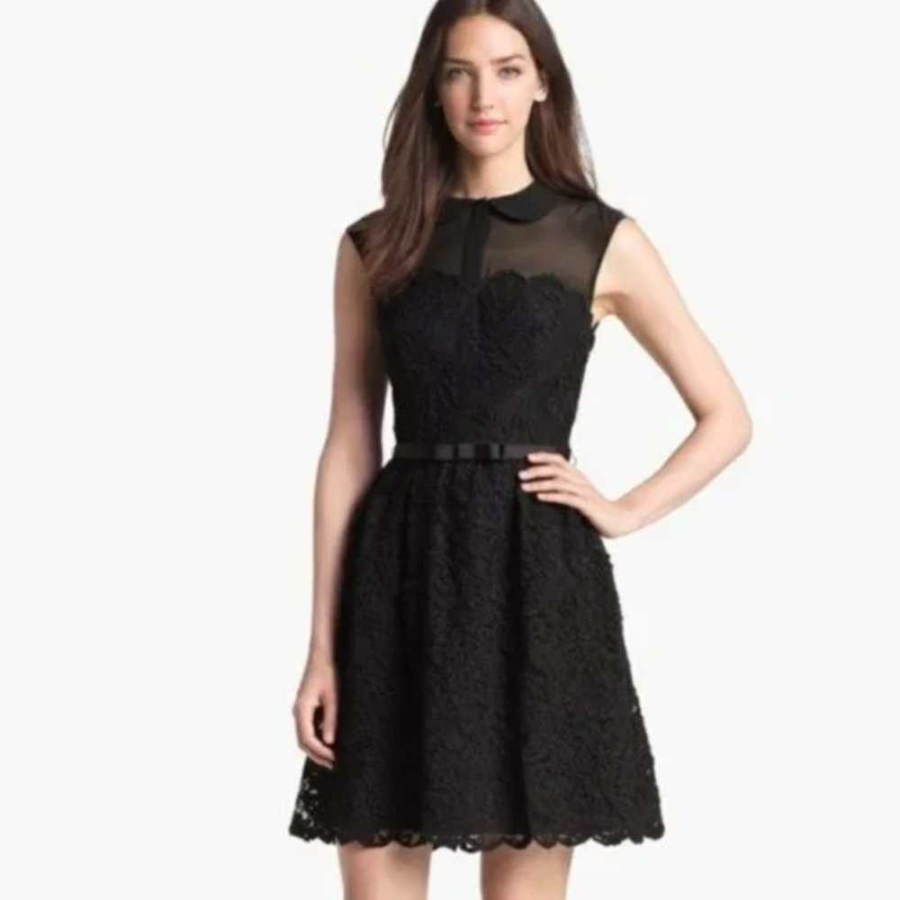Ted Baker Black Lace Dress Ranni Sheer Mini Bow Sleeveless Size 12